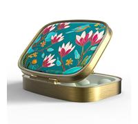 Pastillero pequeño con espejo, retro, organizador de pastillas de 2 compartimentos para bolso o bolsillo, bronce portátil, contenedor de vitaminas, aceite de pescado y almacenamiento de suplementos