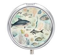 Pastillero pequeño de 3 compartimentos, portátil, para bolsillo o bolso, organizador de pastillas de metal, soporte para pastillas de viaje con espejo, tema de mar, pintura vintage de peces variados