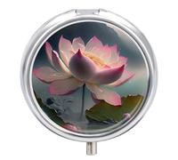 Pastillero pequeño de 3 compartimentos, portátil, para bolsillo o bolso, organizador de pastillas de metal, soporte para pastillas de viaje con espejo, pintura de flores de loto en el lago
