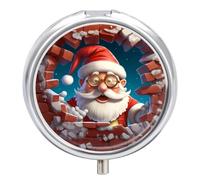 Pastillero pequeño de 3 compartimentos, portátil, para bolsillo o bolso, organizador de pastillas de metal, soporte para pastillas de viaje con espejo, diseño de Papá Noel rompiendo la pared divertida