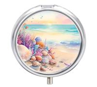 Pastillero pequeño de 3 compartimentos, portátil, para bolsillo o bolso, organizador de pastillas de metal, soporte para pastillas de viaje con espejo, pintura colorida de concha marina de verano