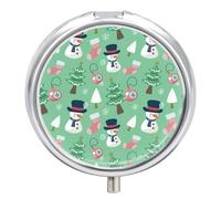 Pastillero pequeño de 3 compartimentos, portátil, para bolsillo o bolso, organizador de pastillas de metal, soporte para pastillas de viaje con espejo, elemento de invierno, muñeco de nieve en fondo