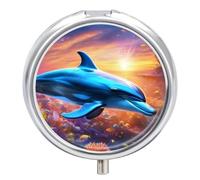 Pastillero pequeño de 3 compartimentos, portátil, para bolsillo o bolso, organizador de pastillas de metal, soporte para pastillas de viaje con espejo, vista submarina colorida de delfines y peces de