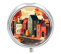 Pastillero pequeño de 3 compartimentos, portátil, para bolsillo o bolso, organizador de pastillas de metal, soporte para pastillas de viaje con espejo, pintura vintage de ciudad otoñal