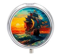Pastillero pequeño de 3 compartimentos, portátil, para bolsillo o bolso, organizador de pastillas de metal, soporte para pastillas de viaje con espejo, diseño de barco de vela azul al atardecer