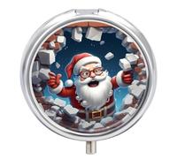 Pastillero pequeño de 3 compartimentos, portátil, para bolsillo o bolso, organizador de pastillas de metal, soporte para pastillas de viaje con espejo, divertido Papá Noel rompió la pared
