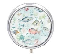 Pastillero pequeño de 3 compartimentos, portátil, para bolsillo o bolso, organizador de pastillas de metal, soporte para pastillas de viaje con espejo, pintura de acuarela de peces bajo el agua