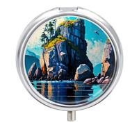 Pastillero pequeño de 3 compartimentos, portátil, para bolsillo o bolso, organizador de pastillas de metal, soporte para pastillas de viaje con espejo, fiordos, montaña, lago, pájaros, pintura azul y