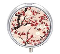 Pastillero pequeño de 3 compartimentos, portátil, para bolsillo o bolso, organizador de pastillas de metal, color rojo y blanco, soporte para pastillas de viaje con espejo, cerezo en flor
