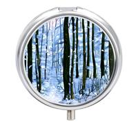 Pastillero pequeño de 3 compartimentos, portátil, para bolsillo o bolso, organizador de pastillas de metal, soporte para pastillas de viaje con espejo, bosque de invierno en pintura de nieve, azul