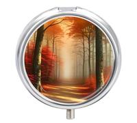 Pastillero pequeño de 3 compartimentos, portátil, para bolsillo o bolso, organizador de pastillas de metal, soporte para pastillas de viaje con espejo, acuarela, bosque otoñal, camino entre árboles de