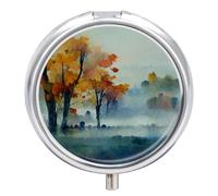 Pastillero pequeño de 3 compartimentos, portátil, para bolsillo o bolso, organizador de pastillas de metal, soporte para pastillas de viaje con espejo, pintura de bosque otoñal nublado