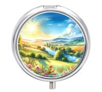 Pastillero pequeño de 3 compartimentos, portátil, para bolsillo o bolso, organizador de pastillas de metal, para verano, naturaleza, paisaje, viaje, pastillero, con espejo, amanecer, montaña, río y