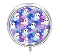 Pastillero pequeño de 3 compartimentos, portátil, para bolsillo o bolso, organizador de pastillas de metal, bonitos fantasmas y estrellas, pastillero de viaje con espejo, azul oscuro, mezcla rosa