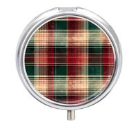 Pastillero pequeño de 3 compartimentos, portátil, para bolsillo o bolso, organizador de pastillas de metal, soporte para pastillas de viaje con espejo, retro, verde, rojo, tartán a cuadros