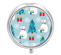 Pastillero pequeño de 3 compartimentos, portátil, para bolsillo o bolso, organizador de pastillas de metal, soporte para pastillas de viaje con espejo, bonitos osos polares y árbol de Navidad