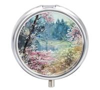 Pastillero pequeño de 3 compartimentos, portátil, para bolsillo o bolso, organizador de pastillas de metal, soporte para pastillas de viaje con espejo, acuarela hermosa pintura de paisaje primaveral
