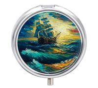 Pastillero pequeño de 3 compartimentos, portátil, para bolsillo o bolso, organizador de pastillas de metal, soporte para pastillas de viaje con espejo, pintura náutica de escena nocturna de barco