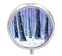 Pastillero pequeño de 3 compartimentos, portátil, para bolsillo o bolso, organizador de pastillas de metal, soporte para pastillas de viaje con espejo, bosque de invierno en pintura de nieve, color