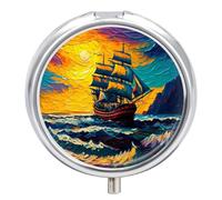 Pastillero pequeño de 3 compartimentos, portátil, para bolsillo o bolso, organizador de pastillas de metal, soporte para pastillas de viaje con espejo, pintura náutica de barco de vela