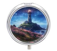 Pastillero pequeño de 3 compartimentos, portátil, para bolsillo o bolso, organizador de pastillas de metal, soporte para pastillas de viaje con espejo, pintura de un faro en un campo de flores rosas
