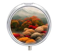 Pastillero pequeño de 3 compartimentos, portátil, para bolsillo o bolso, organizador de pastillas de metal, soporte para pastillas de viaje con espejo, otoño en Japón, pintura de montaña de árboles de