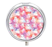 Pastillero pequeño de 3 compartimentos, portátil, para bolsillo o bolso, organizador de píldoras de metal, fantasmas y hoja de arce, pastillero de viaje con espejo, rojo y rosa