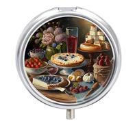 Pastillero pequeño de viaje, pastillero redondo de metal para bolso de bolsillo, pastillero portátil de 3 compartimentos con espejo, mini organizador de pastillas para viajes o uso diario, pintura al