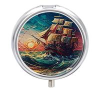Pastillero pequeño de viaje, pastillero redondo de metal para monedero, 3 compartimentos portátil con espejo, mini organizador de pastillas para viajes o uso diario, barco de vela al atardecer pintura