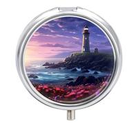 Pastillero pequeño de viaje, pastillero redondo de metal para monedero, 3 compartimentos portátil con espejo, organizador de pastillas para viajes o uso diario, faro en la isla con flores pintura de