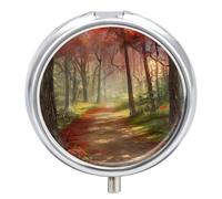 Pastillero pequeño de viaje, pastillero redondo de metal para monedero, 3 compartimentos portátil con espejo, mini organizador de pastillas para viajes o uso diario, pintura al óleo de bosque de arce