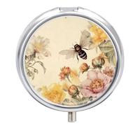 Pastillero pequeño de viaje, pastillero redondo de metal para monedero, 3 compartimentos portátil con espejo, mini organizador de pastillas para viajes o uso diario, pintura vintage de abejas y flores