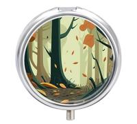 Pastillero pequeño de viaje, pastillero redondo de metal para monedero, 3 compartimentos portátil con espejo, mini organizador de pastillas para viajes o uso diario, pintura de bosque otoñal de