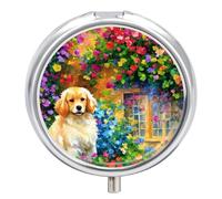 Pastillero pequeño de viaje, pastillero redondo de metal para monedero, 3 compartimentos portátil con espejo, mini organizador de pastillas para viajes o uso diario, Golden Retriever en pintura de