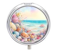 Pastillero pequeño de viaje, pastillero redondo de metal para monedero, 3 compartimentos portátil con espejo, mini organizador de pastillas para viajes o uso diario, hermosa pintura de conchas marinas