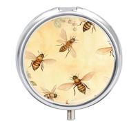 Pastillero pequeño de viaje, pastillero redondo de metal para monedero, 3 compartimentos portátil con espejo, mini organizador de pastillas para viajes o uso diario, pintura de abejas lindas