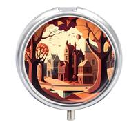 Pastillero pequeño de viaje, pastillero redondo de metal para monedero, 3 compartimentos portátil con espejo, mini organizador de pastillas para viajes o uso diario, pintura de atardecer urbano de