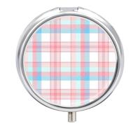Pastillero pequeño de viaje, pastillero redondo de metal para monedero, pastillero portátil de 3 compartimentos con espejo, mini organizador de pastillas para viajes o uso diario, cuadros rosa y azul