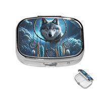 Pastillero pequeño organizador de medicamentos con 2 compartimentos, atrapasueños de lobo 3D, pastillero para bolsillo o bolso, mini pastillero de metal portátil, contenedor de pastillas de viaje para