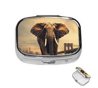 Pastillero pequeño organizador de medicamentos con 2 compartimentos, elefante en un puente, pastillero para bolsillo o bolso, mini pastillero de metal, contenedor portátil de viaje para guardar
