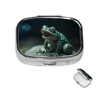 Pastillero pequeño organizador de medicamentos con 2 compartimentos, escultura de rana, pastillero para bolsillo o bolso, mini pastillero de metal, contenedor portátil de viaje para guardar