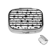 Pastillero pequeño organizador de medicamentos con 2 compartimentos, estrellas en rayas blancas y negras, pastillero para bolsillo o bolso, mini pastillero de metal, contenedor portátil de viaje para