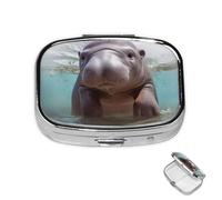 Pastillero pequeño organizador de medicamentos con 2 compartimentos, hipopótamo, cachorro, pastillero para bolsillo o bolso, mini pastillero de metal, contenedor portátil de viaje para guardar