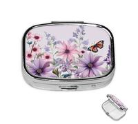 Pastillero pequeño organizador de medicamentos con 2 compartimentos, ilustración de flores silvestres, pastillero para bolsillo o bolso, mini pastillero de metal, contenedor portátil de viaje para