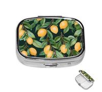 Pastillero pequeño organizador de medicamentos con 2 compartimentos, limón y hojas, pastillero para bolsillo o bolso, mini pastillero de metal, contenedor portátil de viaje para guardar suplementos y