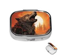 Pastillero pequeño organizador de medicamentos con 2 compartimentos, lobo aullando y luna, pastillero para bolsillo o bolso, mini pastillero de metal, contenedor portátil de viaje para guardar