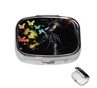 Pastillero pequeño organizador de medicamentos con 2 compartimentos, pastillero de gato y mariposa para bolsillo o bolso, mini pastillero de metal portátil para guardar suplementos y vitaminas