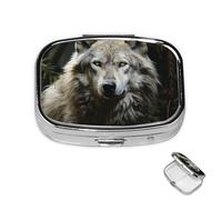 Pastillero pequeño organizador de medicamentos con 2 compartimentos, pastillero de lobo solitario para bolsillo o bolso, mini pastillero de metal, contenedor portátil de viaje para guardar suplementos