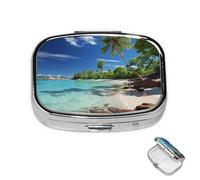 Pastillero pequeño organizador de medicamentos con 2 compartimentos, pastillero de paraíso tropical para bolsillo o bolso, mini pastillero de metal portátil para guardar suplementos y vitaminas