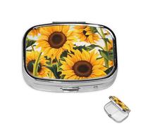 Pastillero pequeño organizador de medicamentos con 2 compartimentos, pastillero de pintura de girasol para bolsillo o bolso, mini pastillero de metal portátil para guardar suplementos y vitaminas